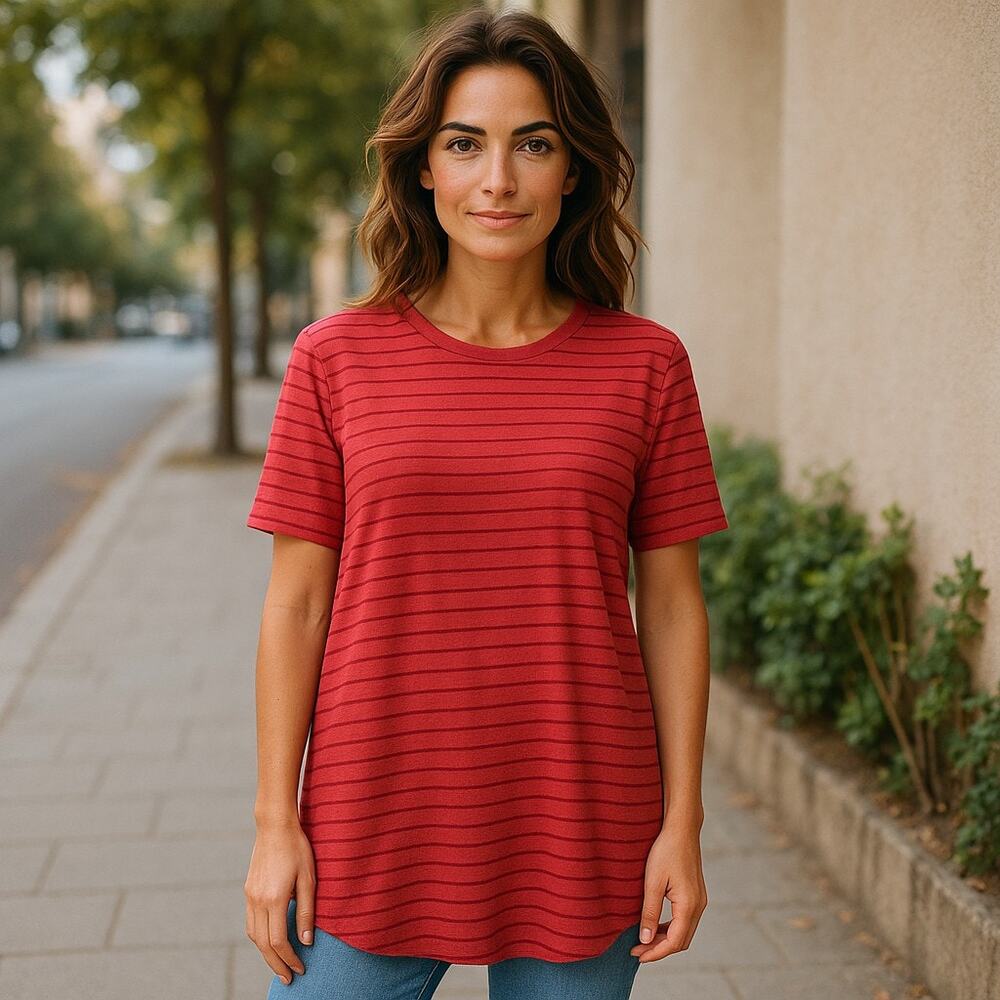 LuLaRoe Womens Top Size XS Irma Tunic Red Stripe Striped Short Sleeve Knit